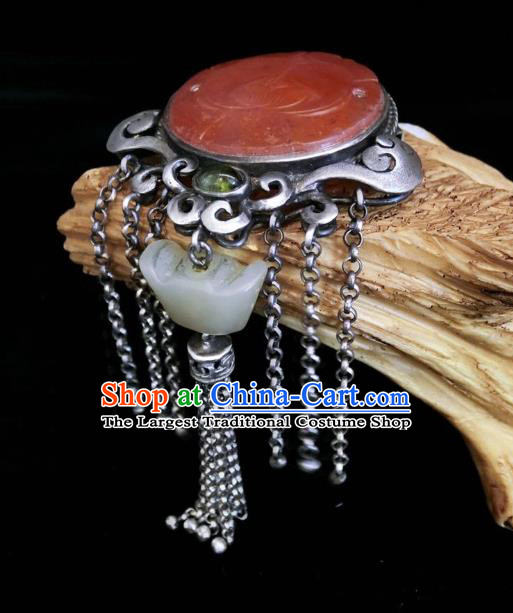 Handmade Chinese Jade Ingot Necklace Accessories National Agate Carving Lotus Necklet Pendant