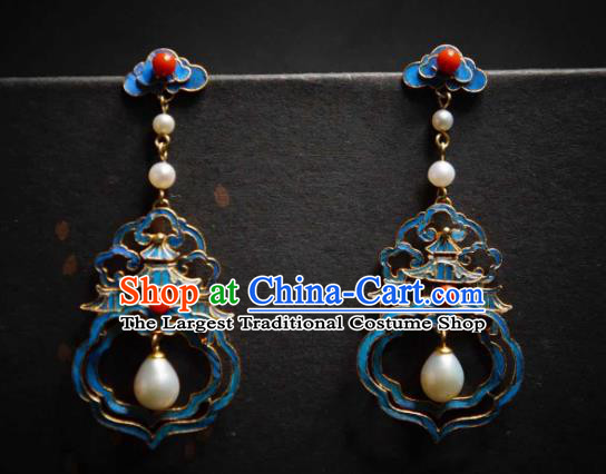 Handmade Chinese Cheongsam Pearls Ear Accessories Traditional Culture Jewelry Blueing Palace Earrings