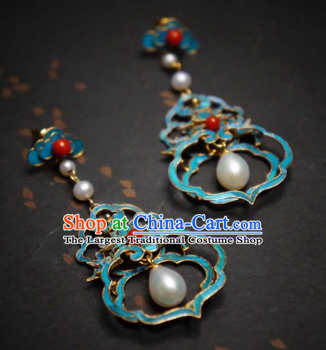 Handmade Chinese Cheongsam Pearls Ear Accessories Traditional Culture Jewelry Blueing Palace Earrings