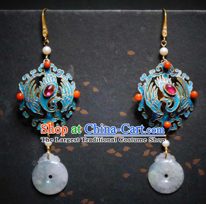 Handmade Chinese Cheongsam Jadeite Ear Accessories Traditional Culture Jewelry Blueing Phoenix Earrings