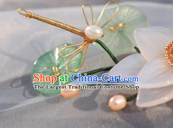 China Classical Pearls Hairpin Traditional Hair Accessories Hanfu White Lotus Hair Stick