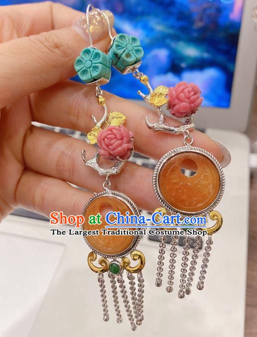 China Traditional Silver Tassel Ear Accessories Classical Cheongsam Jade Carving Earrings