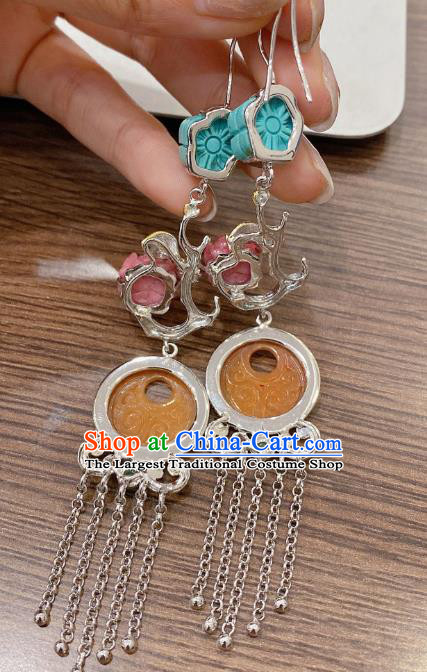 China Traditional Silver Tassel Ear Accessories Classical Cheongsam Jade Carving Earrings