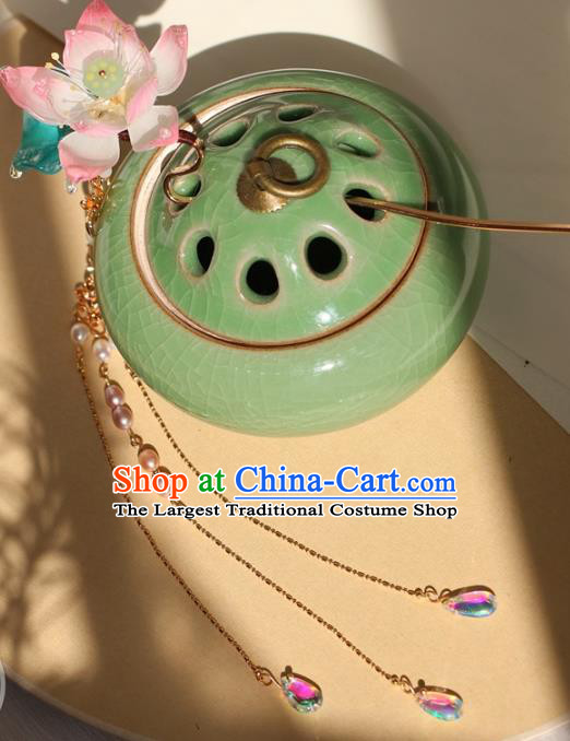 China Hanfu Pearls Tassel Hair Stick Classical Hair Accessories Traditional Song Dynasty Princess Lotus Hairpin