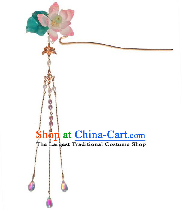 China Hanfu Pearls Tassel Hair Stick Classical Hair Accessories Traditional Song Dynasty Princess Lotus Hairpin