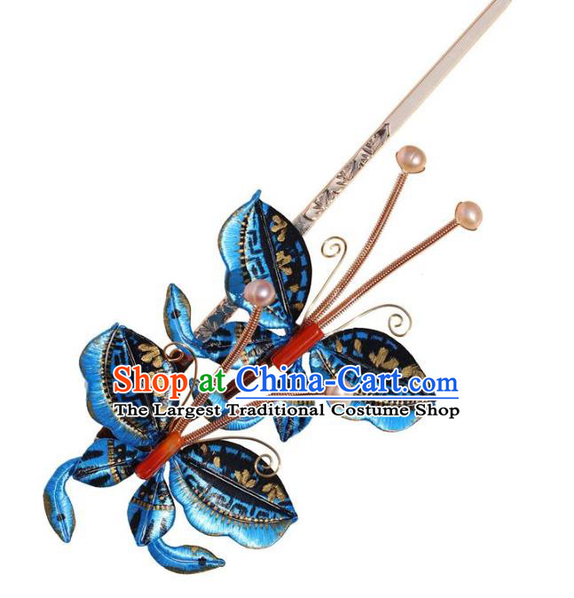 China Traditional Ming Dynasty Princess Tassel Hairpin Hair Accessories Classical Hanfu Blue Butterfly Hair Stick