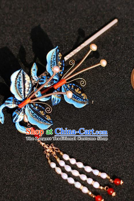 China Traditional Ming Dynasty Princess Tassel Hairpin Hair Accessories Classical Hanfu Blue Butterfly Hair Stick