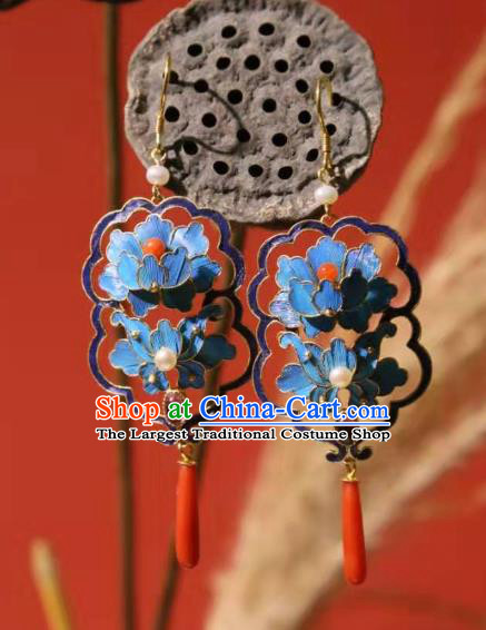 Handmade Chinese Cheongsam Agate Ear Accessories Traditional Culture Jewelry Blue Peony Earrings