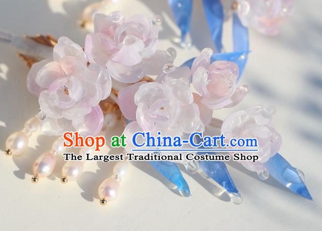 China Traditional Ming Dynasty Princess Pink Flowers Hairpin Classical Hair Accessories Hanfu Pearls Tassel Hair Stick