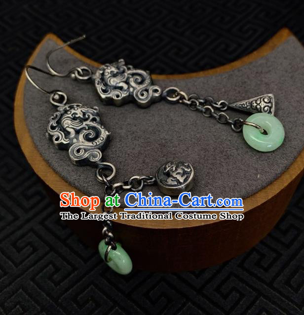 China Traditional Silver Dragon Ear Accessories National Cheongsam Jade Peace Buckle Earrings Jewelry