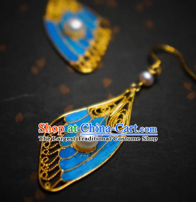 Handmade Chinese Blueing Wing Earrings Traditional Culture Jewelry Cheongsam Pearls Ear Accessories