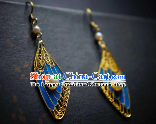 Handmade Chinese Blueing Wing Earrings Traditional Culture Jewelry Cheongsam Pearls Ear Accessories