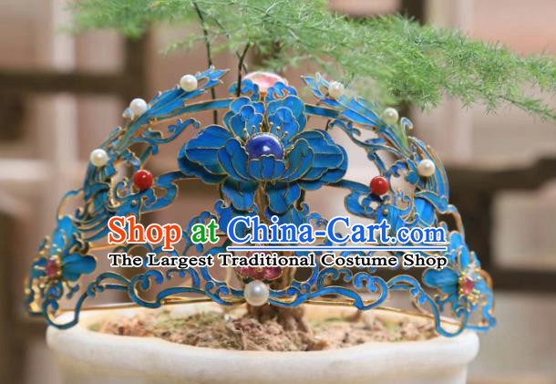 Chinese Handmade Blueing Peony Hairpin Traditional Hair Jewelry Ancient Qing Dynasty Empress Hair Crown