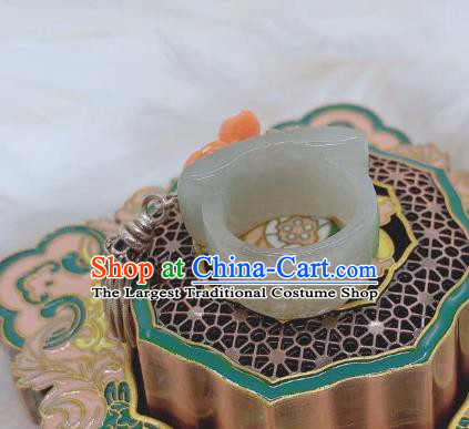 Chinese Handmade Hetian Jade Ring National Agate Jewelry Silver Tassel Circlet