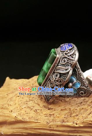 Chinese Handmade Blueing Silver Ring National Jewelry Jadeite Circlet