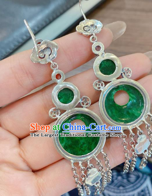 China Classical Jadeite Earrings Traditional Handmade Silver Tassel Ear Accessories