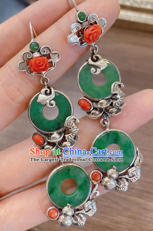 China Classical Agate Rose Earrings Traditional Handmade Jadeite Peace Buckle Ear Accessories