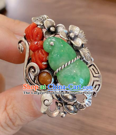 Chinese National Silver Jewelry Jadeite Gourd Circlet Handmade Agate Butterfly Finger Ring