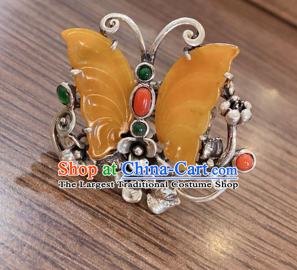 Chinese Handmade Circlet Agate Butterfly Finger Ring National Silver Jewelry