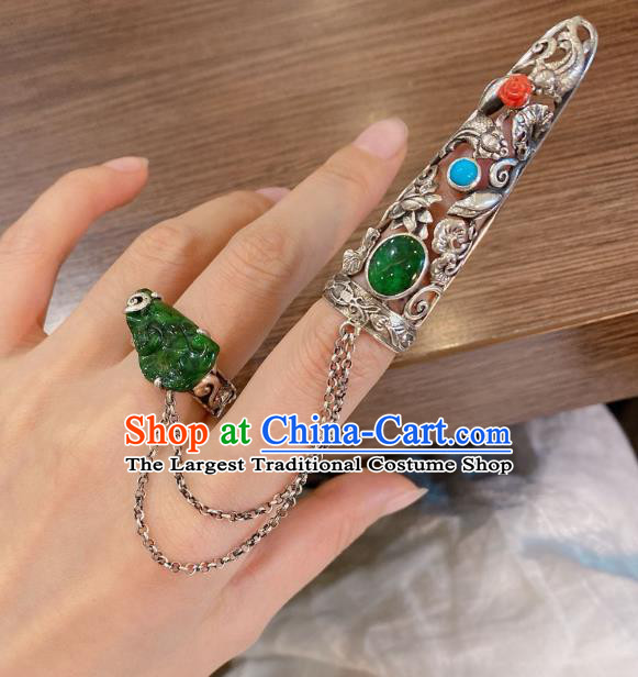 Chinese Handmade National Silver Circlet Finger Jewelry Jadeite Ring with Nail Wrap