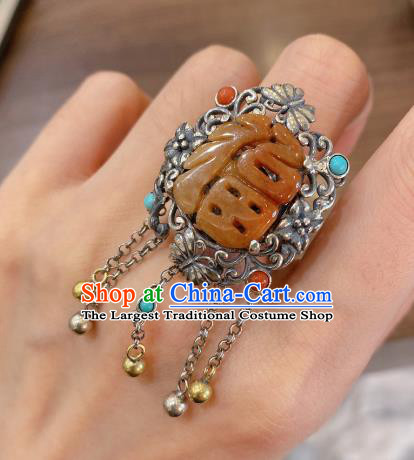 Chinese Handmade National Silver Circlet Wedding Jewelry Jadeite Finger Ring