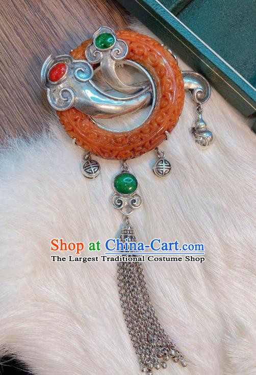 Handmade Chinese Traditional Silver Tassel Necklace Accessories National Jade Carving Necklet Pendant