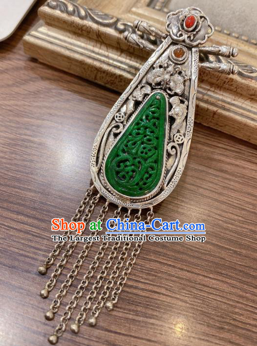 Handmade Chinese National Jade Carving Necklet Pendant Traditional Silver Lute Tassel Necklace Accessories