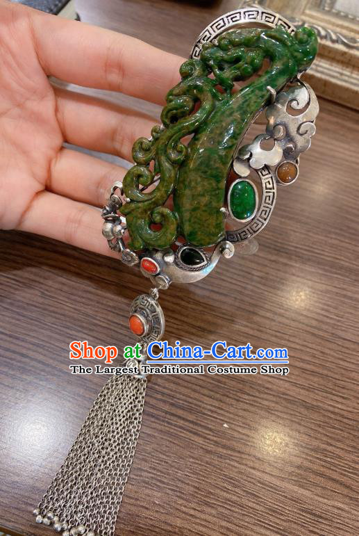 Handmade Chinese Traditional Silver Tassel Necklet Accessories National Jadeite Necklace Pendant