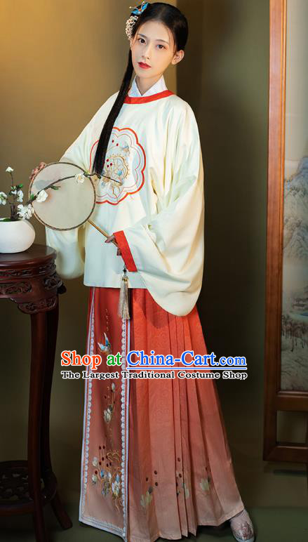 China Traditional Embroidered Hanfu Costumes Ancient Ming Dynasty Young Lady Historical Clothing