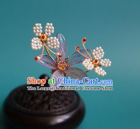 China Traditional Ming Dynasty Princess Lilac Flower Hairpin Classical Hanfu Beads Butterfly Hair Stick