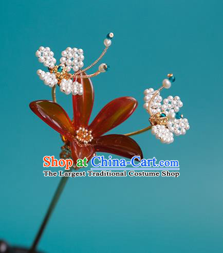 China Handmade Red Flower Hairpin Classical Hanfu Beads Butterfly Hair Stick Traditional Ming Dynasty Princess Hair Accessories