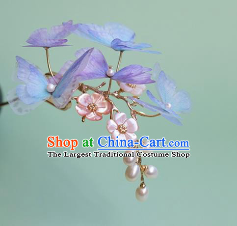 China Traditional Ming Dynasty Princess Hair Accessories Handmade Lilac Silk Butterfly Hairpin