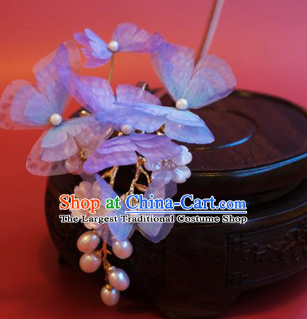 China Traditional Ming Dynasty Princess Hair Accessories Handmade Lilac Silk Butterfly Hairpin