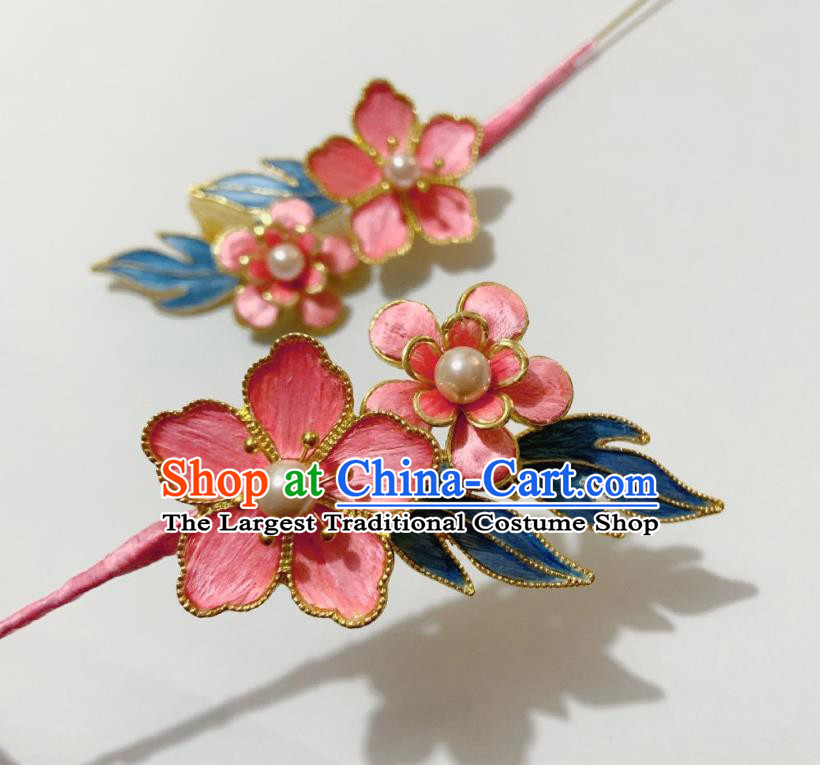 China Classical Velvet Hairpin Traditional Qing Dynasty Pink Plum Hair Stick