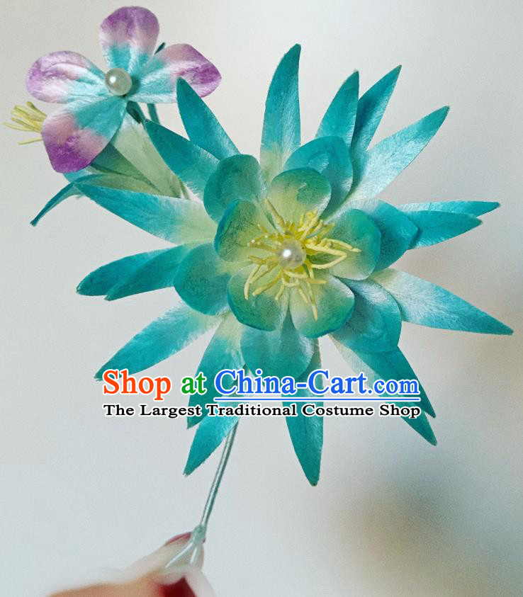 China Classical Blue Velvet Epiphyllum Hairpin Traditional Qing Dynasty Palace Lady Hair Stick