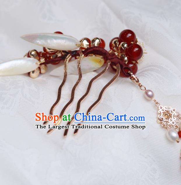 China Traditional Ming Dynasty Princess Red Plum Hair Comb Classical Hanfu Tassel Hairpin