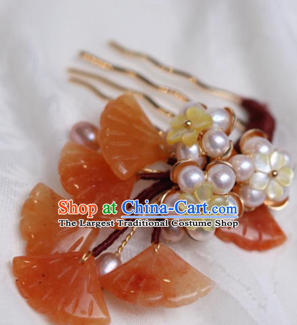 China Classical Hanfu Red Ginkgo Leaf Hairpin Traditional Ming Dynasty Princess Shell Plum Hair Comb
