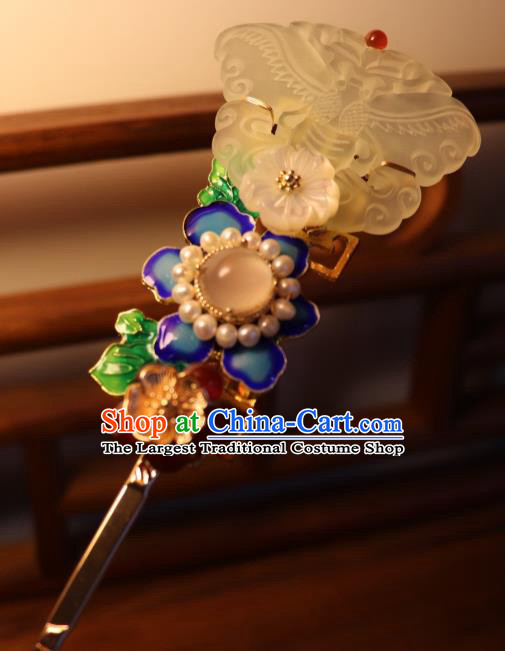 China Traditional Qing Dynasty Jade Butterfly Hairpin Classical Blueing Flower Hair Stick