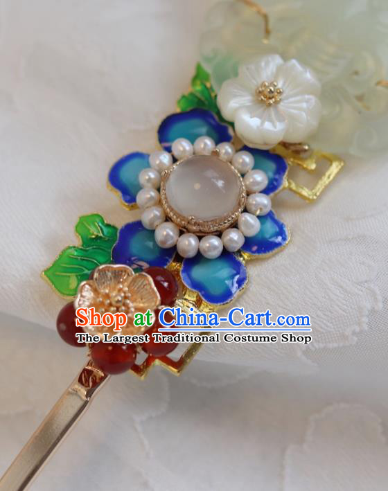 China Traditional Qing Dynasty Jade Butterfly Hairpin Classical Blueing Flower Hair Stick