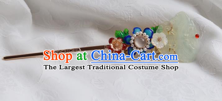 China Traditional Qing Dynasty Jade Butterfly Hairpin Classical Blueing Flower Hair Stick