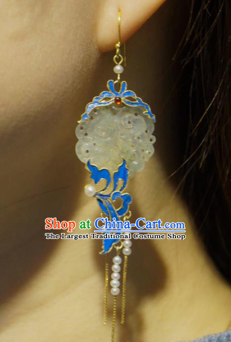 Chinese Traditional Culture Jewelry Pearls Tassel Earrings Ancient Qing Dynasty Blueing Jade Ear Accessories
