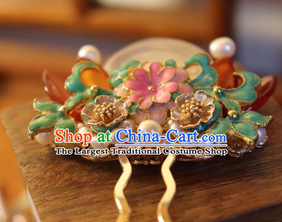 China Classical Pearls Enamel Hair Stick Traditional Qing Dynasty Jade Peach Hairpin