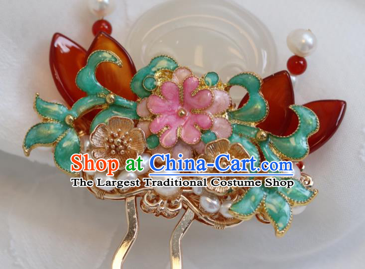 China Classical Pearls Enamel Hair Stick Traditional Qing Dynasty Jade Peach Hairpin