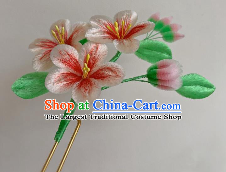 China Classical Velvet Peach Blossom Hairpin Traditional Qing Dynasty Palace Lady Flower Hair Stick