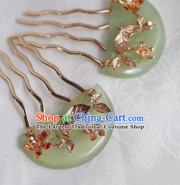 China Traditional Ming Dynasty Princess Jade Hairpin Classical Golden Hair Comb