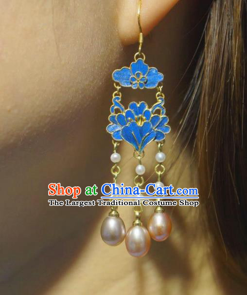 Chinese Ancient Qing Dynasty Court Ear Accessories Traditional Culture Jewelry Pearls Tassel Earrings