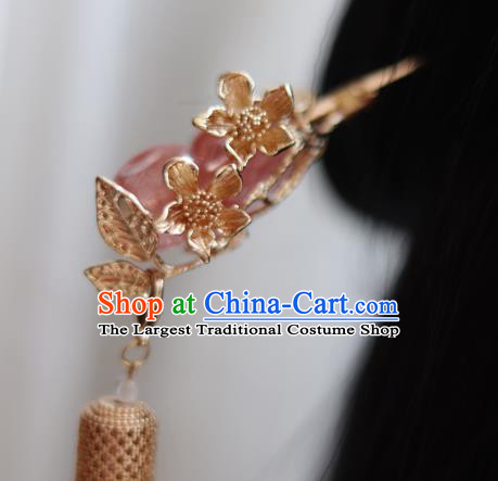 China Ancient Princess Rose Quartz Hairpin Traditional Ming Dynasty Golden Lantern Tassel Hair Stick