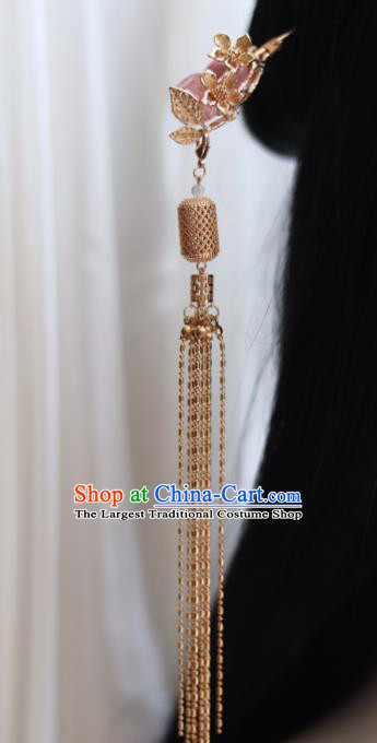China Ancient Princess Rose Quartz Hairpin Traditional Ming Dynasty Golden Lantern Tassel Hair Stick