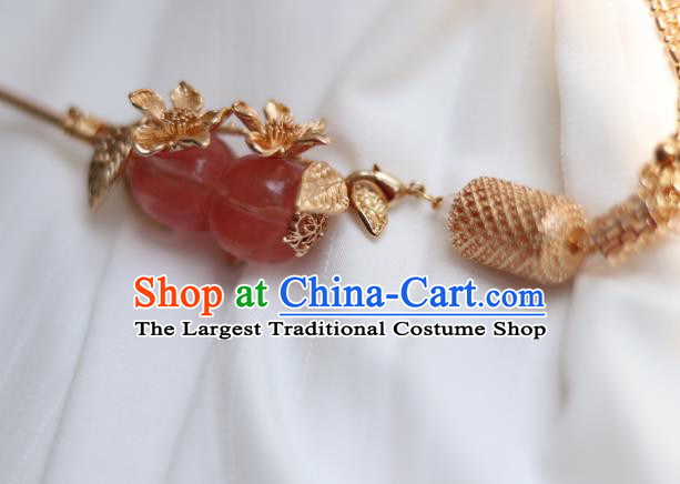 China Ancient Princess Rose Quartz Hairpin Traditional Ming Dynasty Golden Lantern Tassel Hair Stick