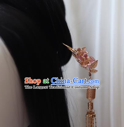 China Ancient Princess Rose Quartz Hairpin Traditional Ming Dynasty Golden Lantern Tassel Hair Stick
